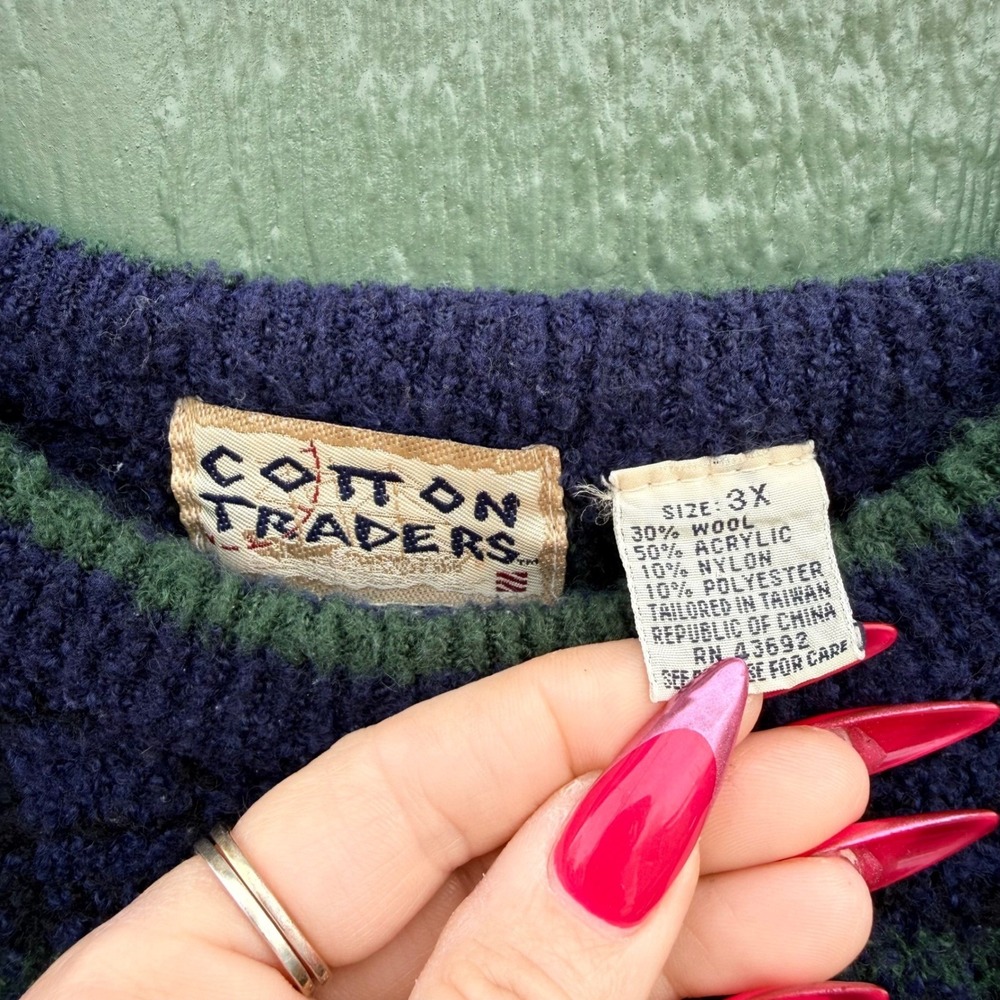 Cotton Traders Vtg Sweater Mens 3X Navy Green Tartan Plaid Wool Boucle Academia - Picture 2 of 8